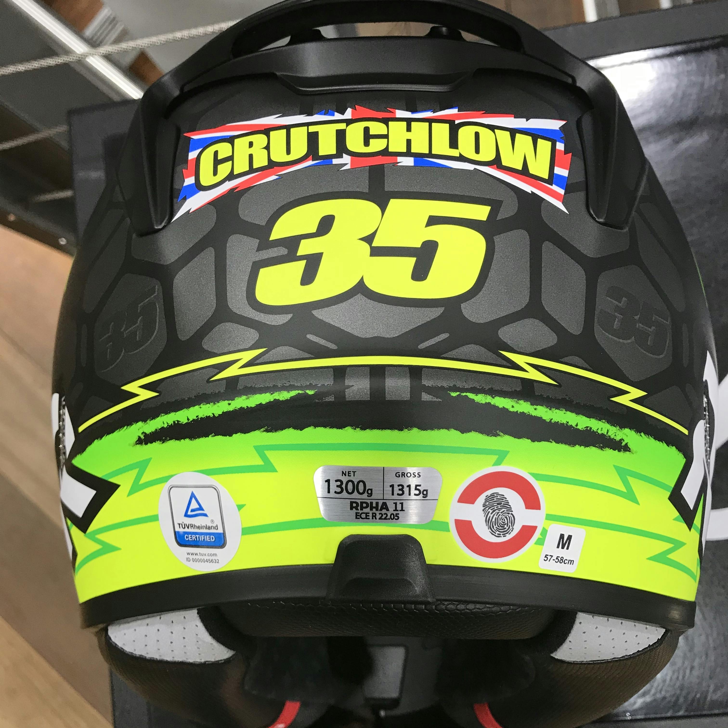 European Standards sticker on the back of a HJC Crutchlow  helmet.