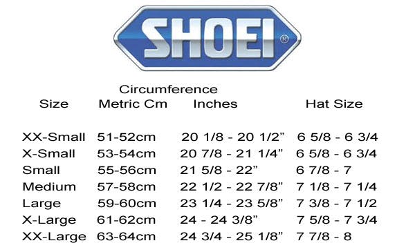 A helmet sizing chart from Shoei Helmets