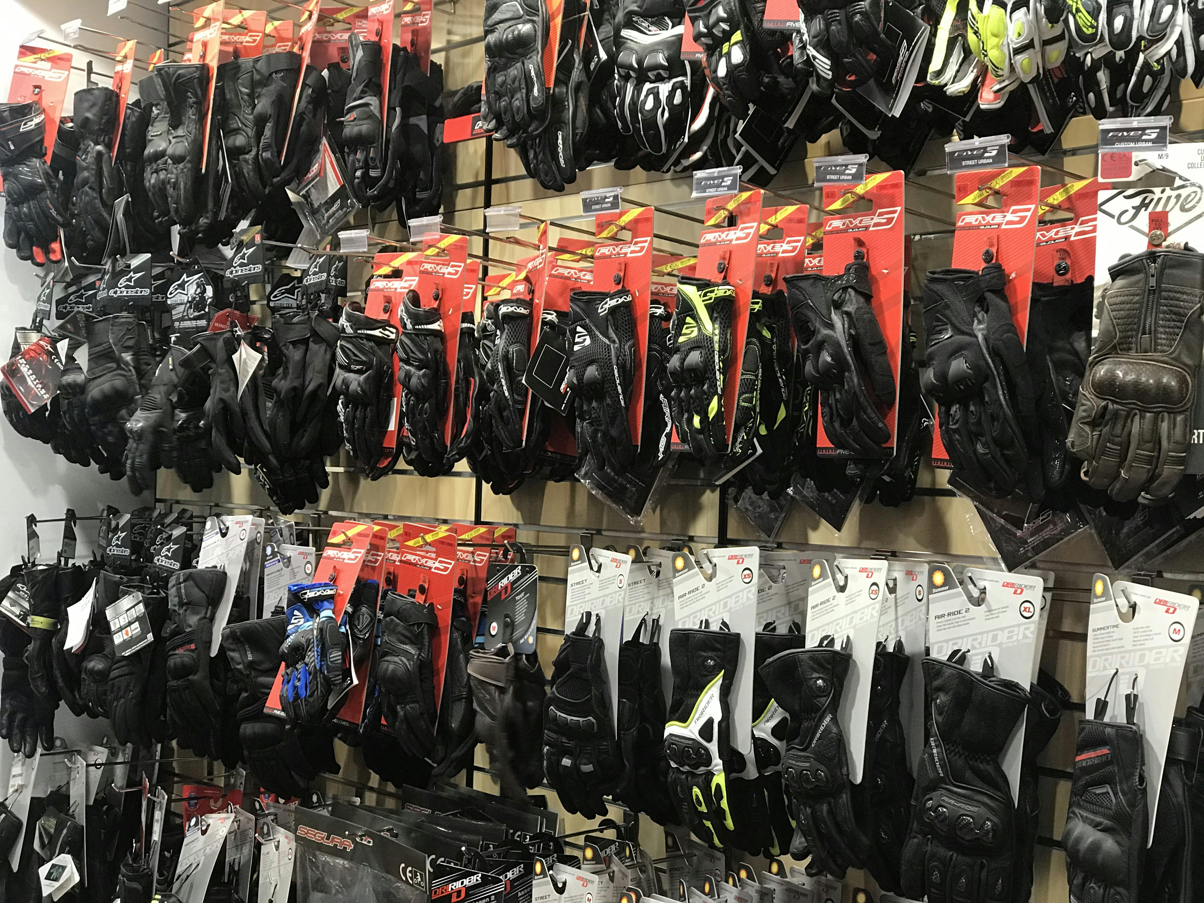 Wall of motorcycle gloves