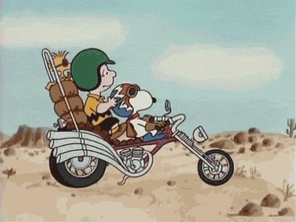 Snoopy, Charlie brown and woodstock on motorcycle gif