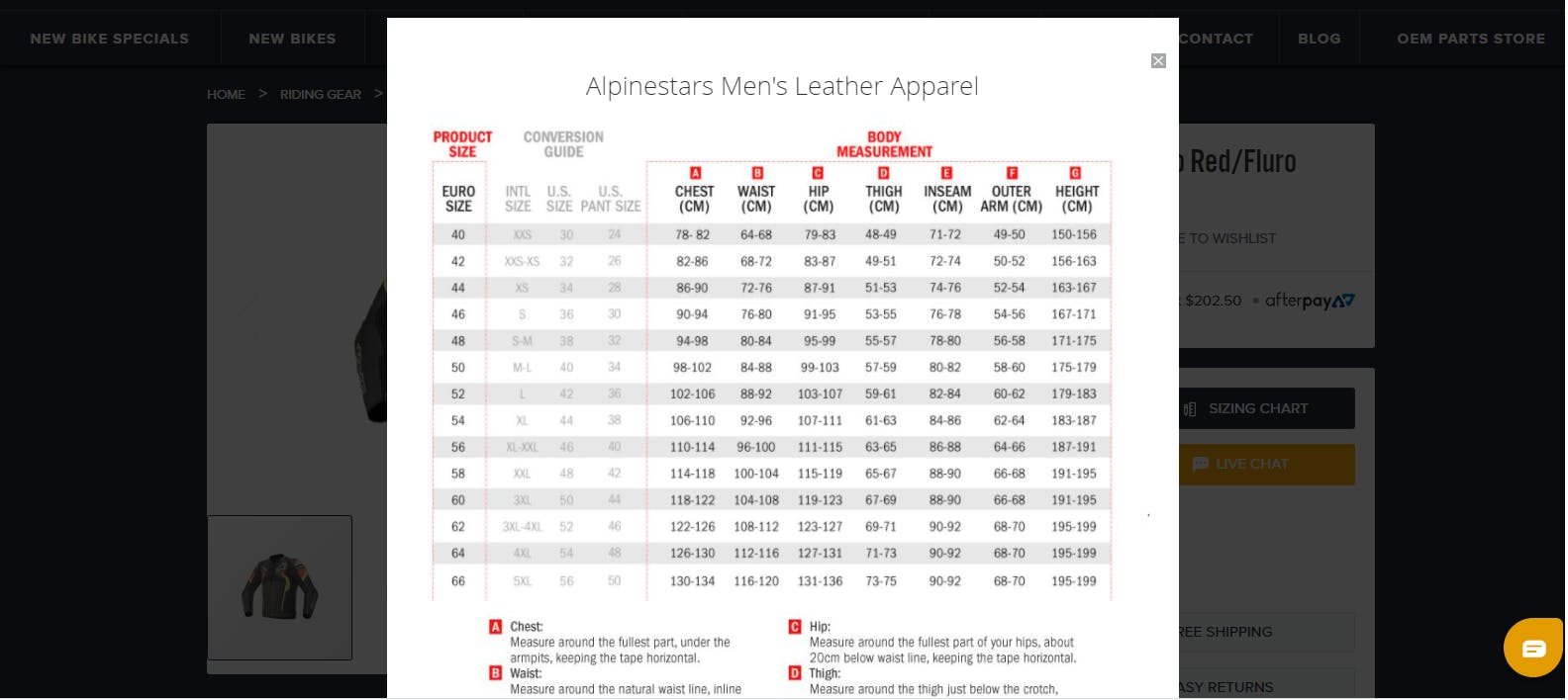 Alpinestars sizing guide on Biekbiz.com.au