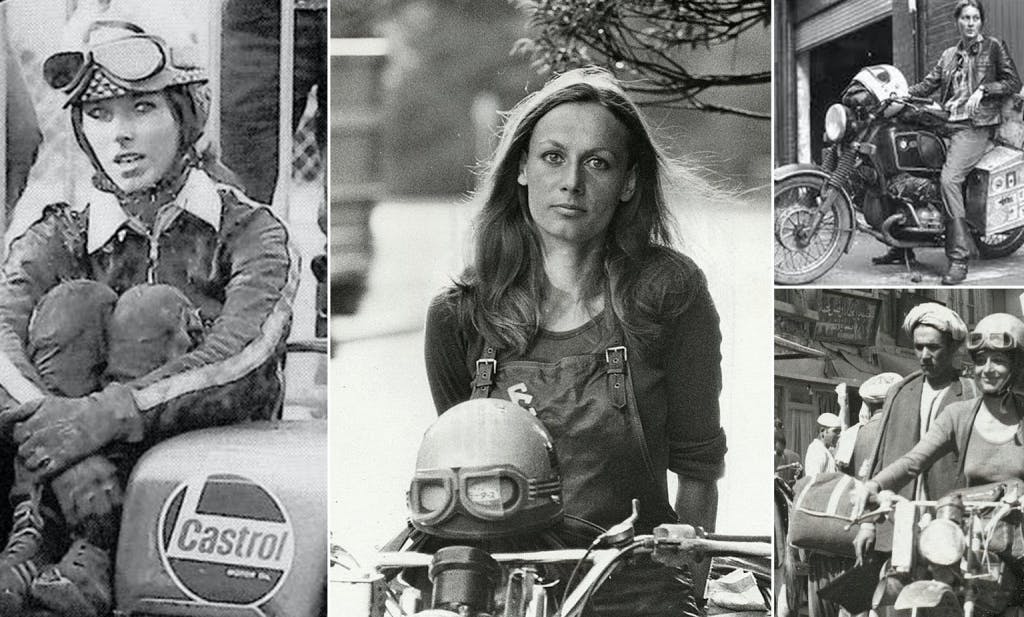 Pictures in black and white of women on motorcycles from the 70s