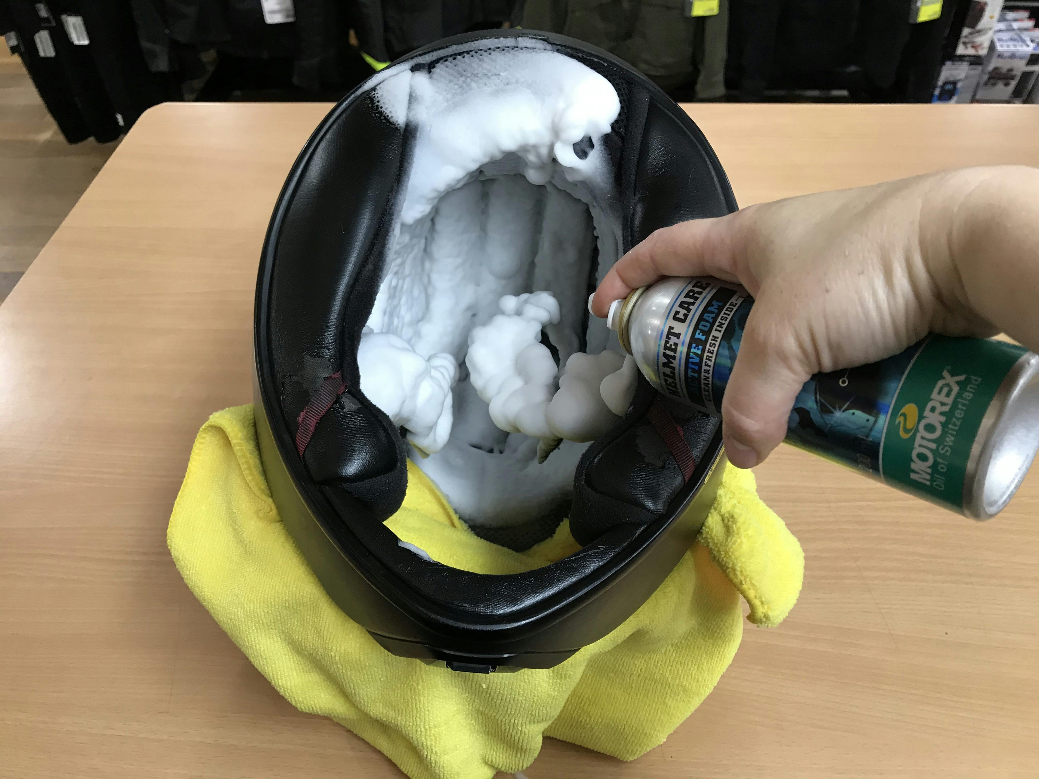 Motorex Helmet Care Active Foam in helmet