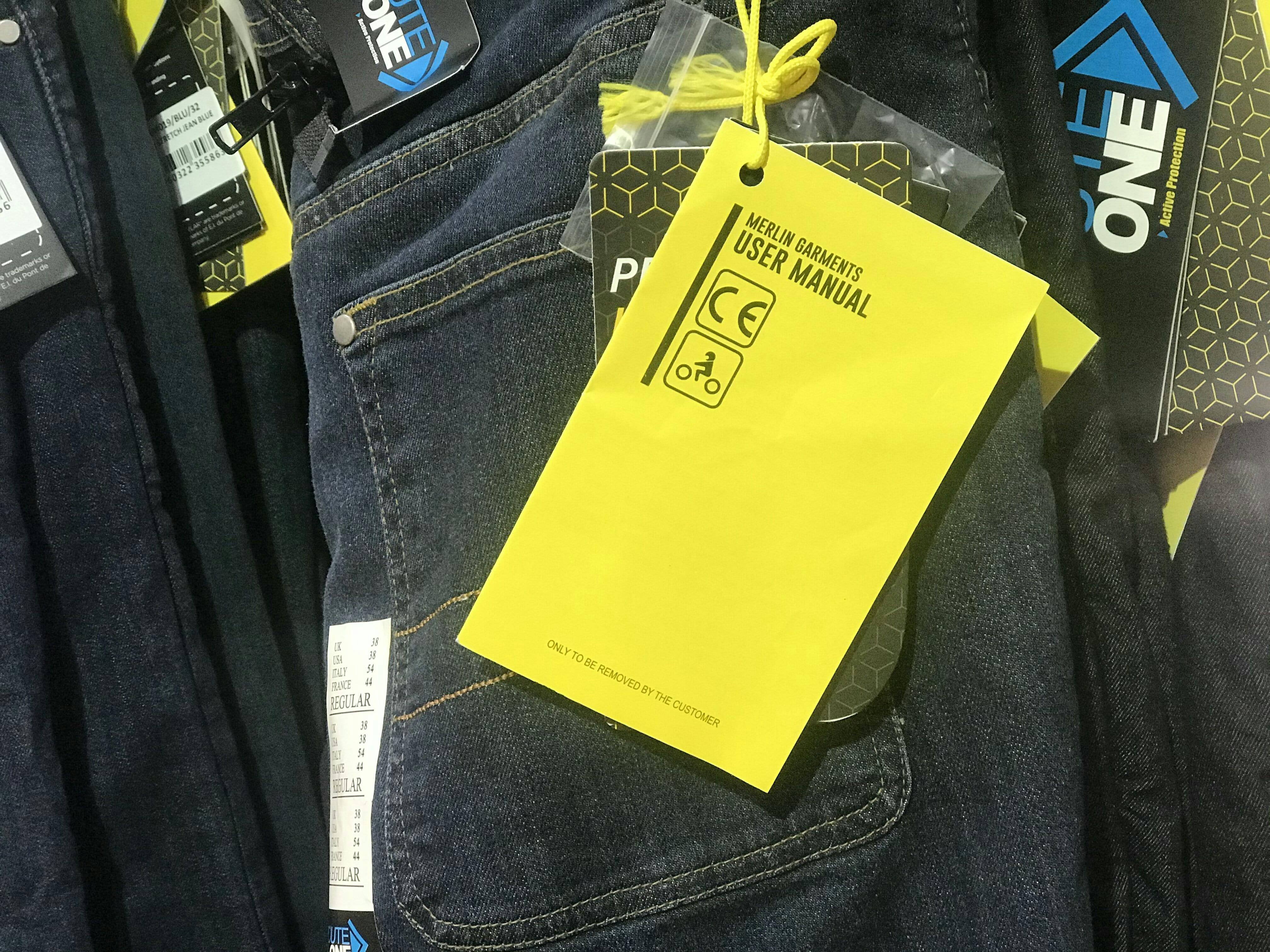 An information booklet on a pair of CE approved jeans