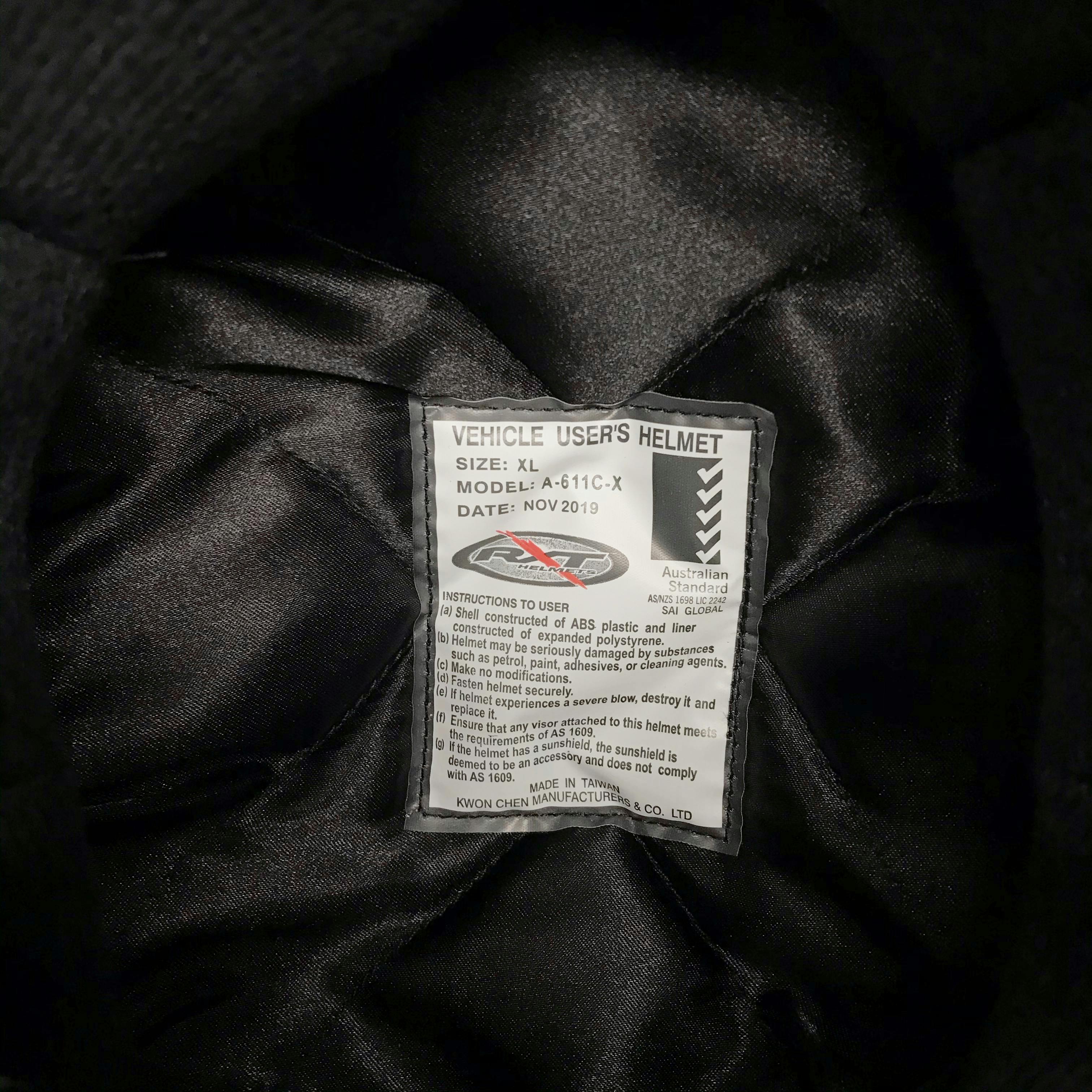 Australian Standards tag inside a helmet