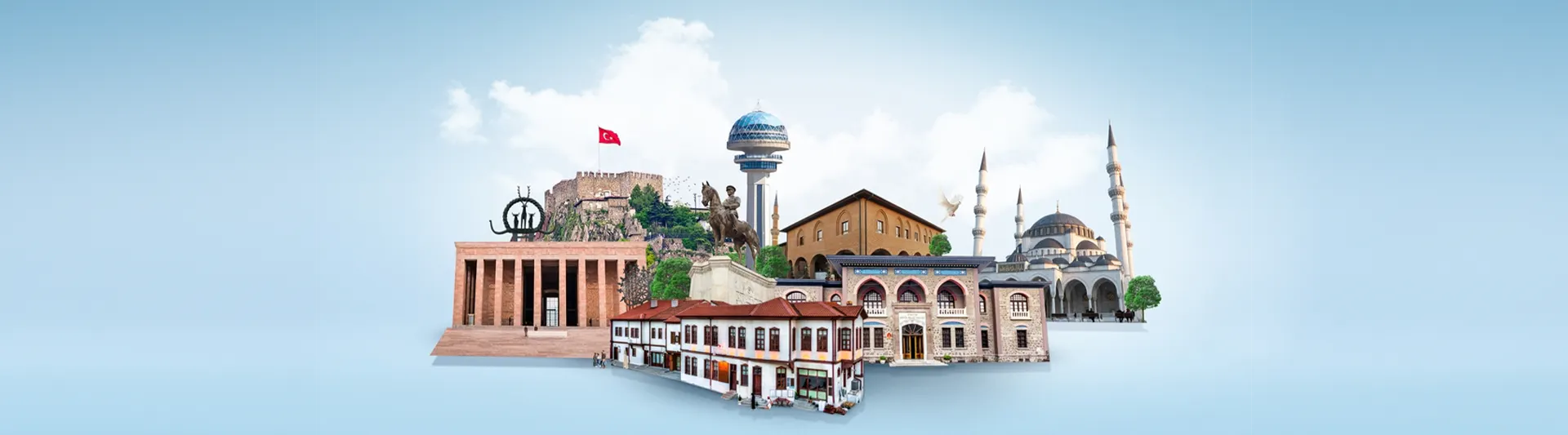 Anıtkabir, Atakule ve Kocatepe Camii gibi Ankara simgelerinden oluşan kolaj