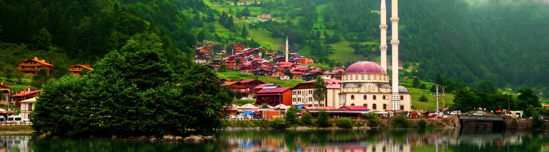 Denizden Trabzon şehir silüeti, tarihi cami, evler, yemyeşil dağlar ve ormanın yeşile boyadığı Karadeniz kıyısı manzaralı Trabzon uçak bileti kapak görseli.
