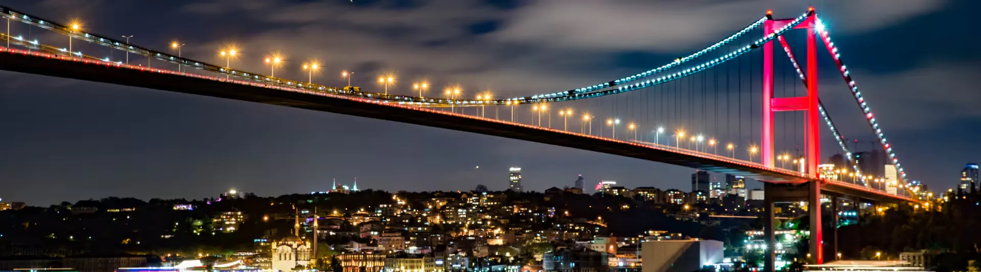 biletiniz.com - İstanbul Boğazı üzerinde ışıklandırılmış 15 Temmuz Şehitler Köprüsü gece görünümü; en ucuz Trabzon İstanbul uçak bileti ve İstanbul seyahat rehberi için panoramik kapak görseli.