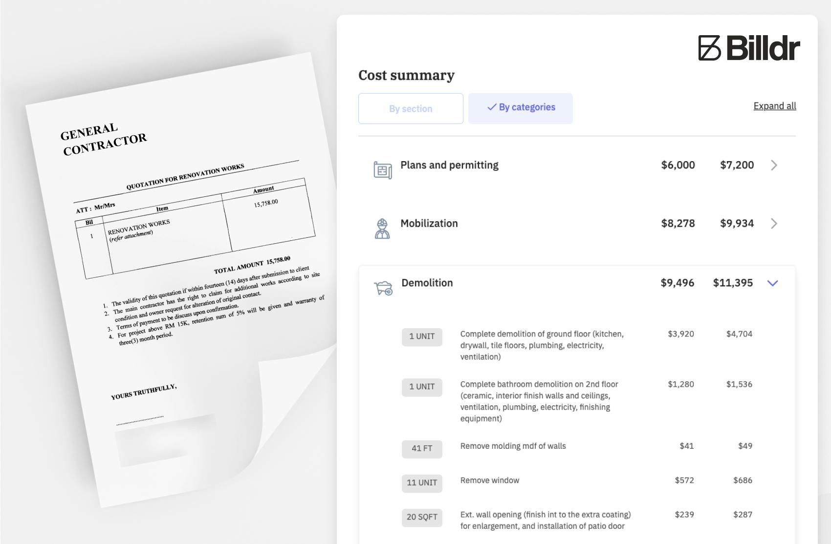 Soumission d'un entrepreneur en comparaison avec l'estimation détaillée de Billdr