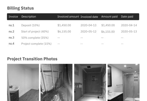 Example of homeowner dashboard with billing status and transition photos