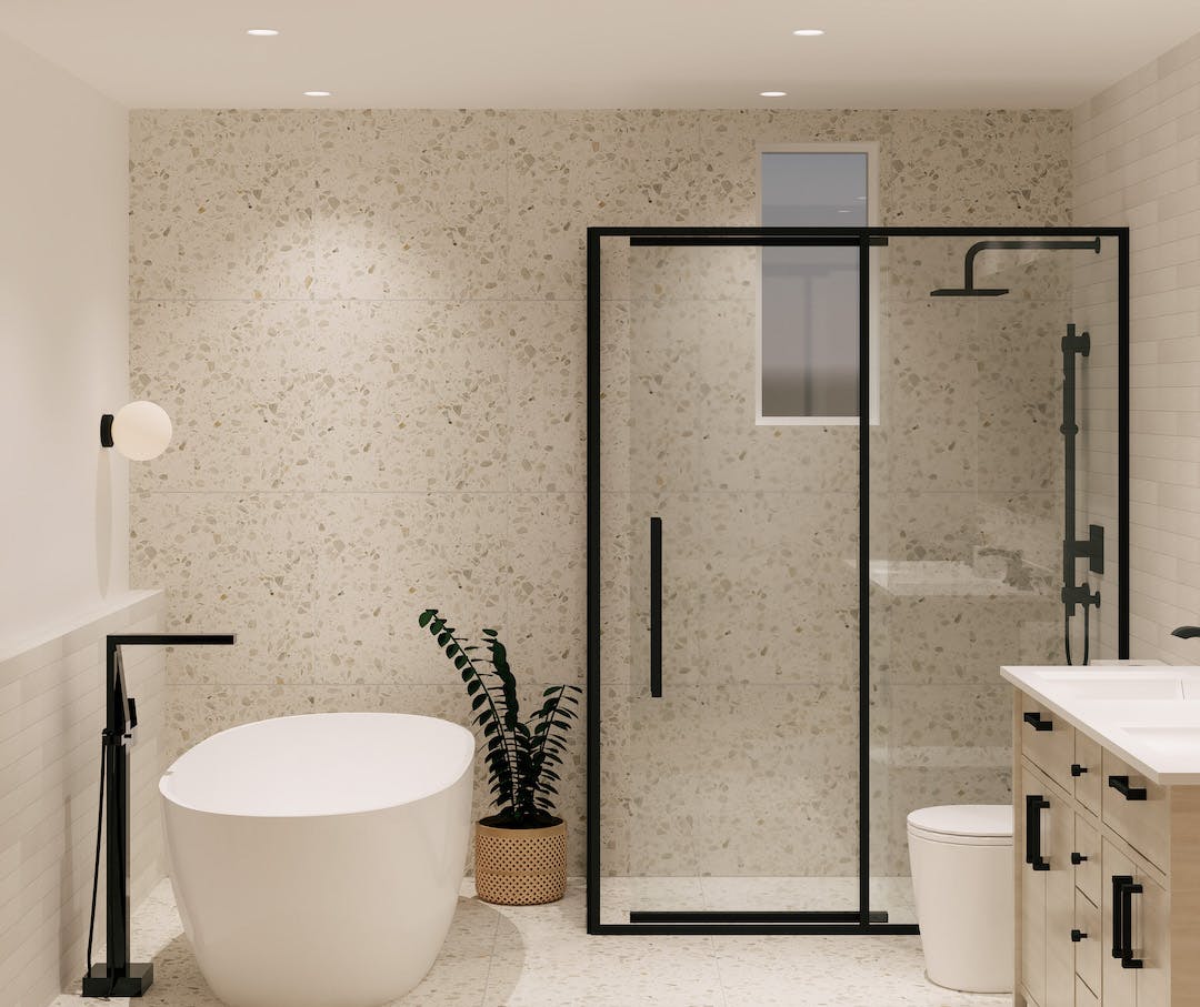 Salle de bain moderne avec plancher et tuiles de douche en terrazzo