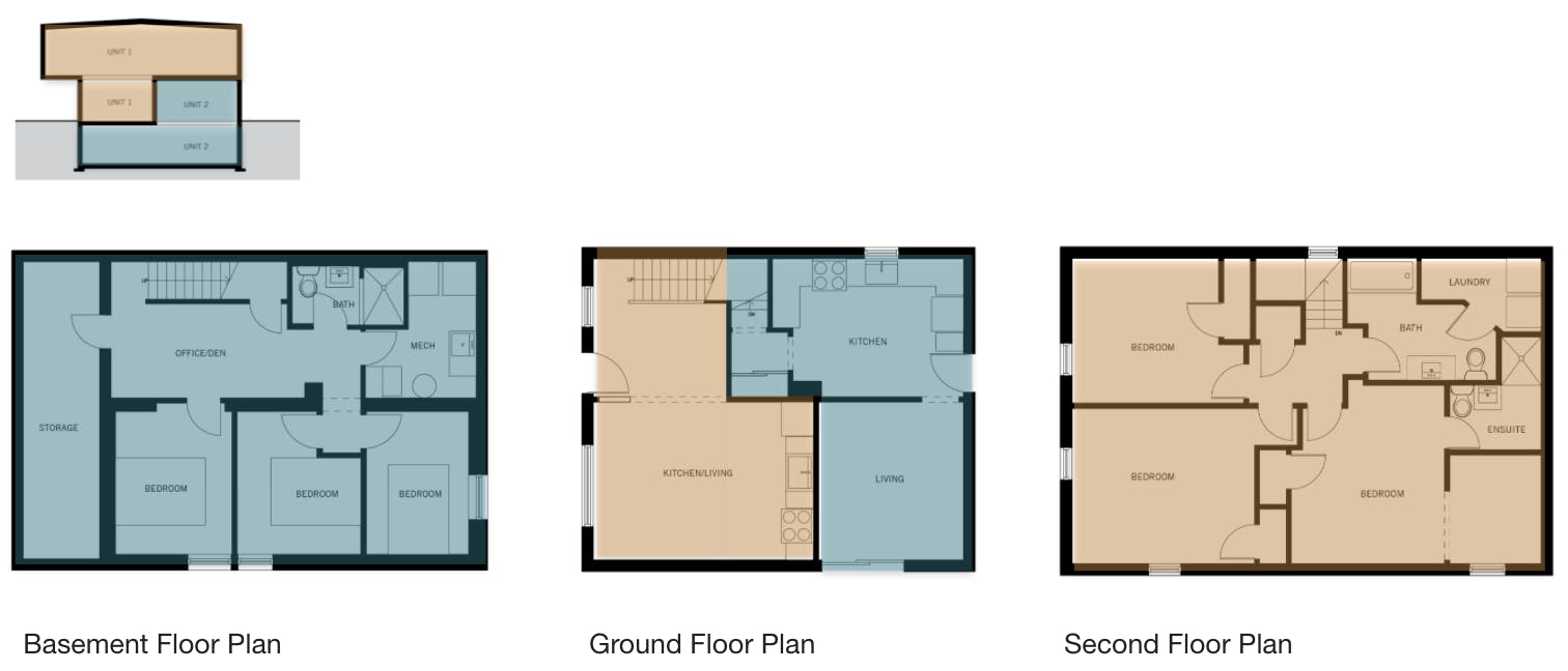 Basement, ground and second floor plan