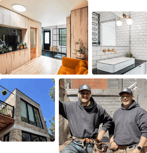 Photos of a home addition, a living room, a bathroom and contractors