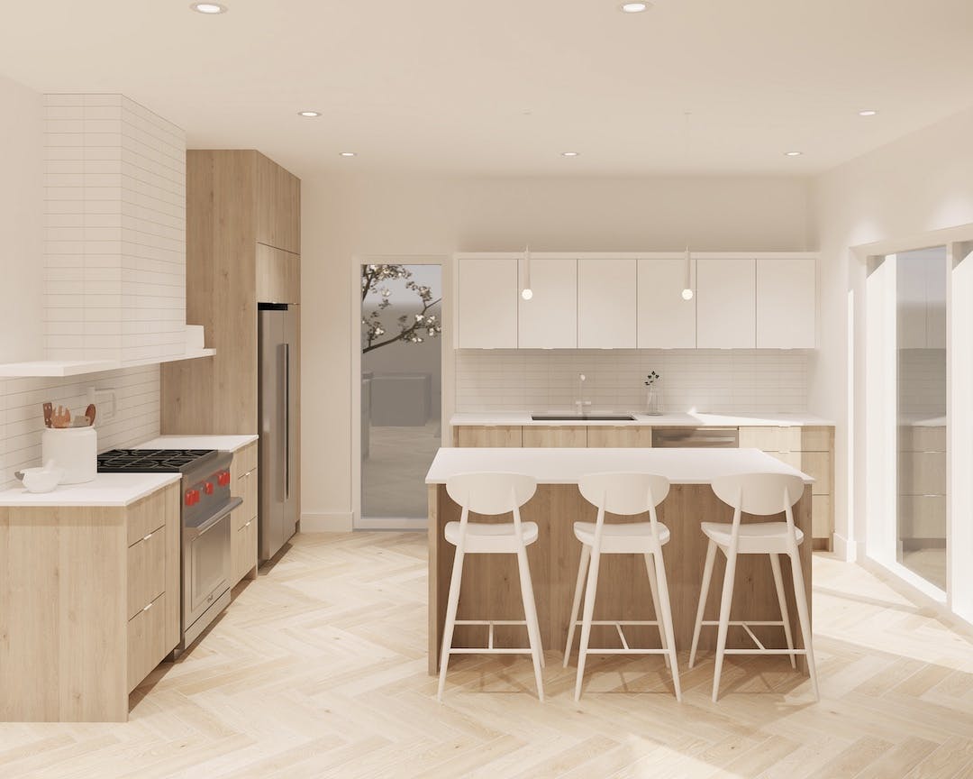 Modern white kitchen with birch cabinetry