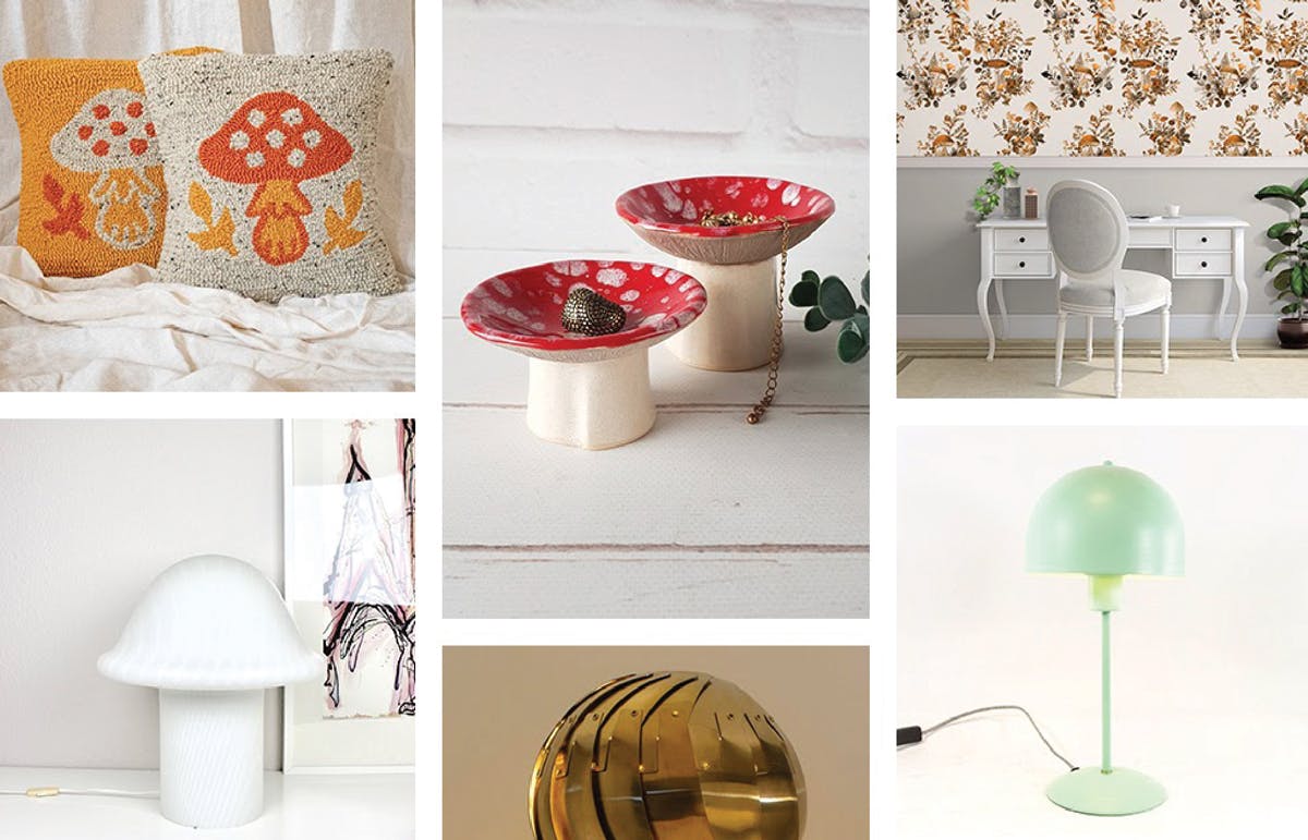 Tendances décoration Etsy: Motifs de champignons Lampes et coussins à motif champignon