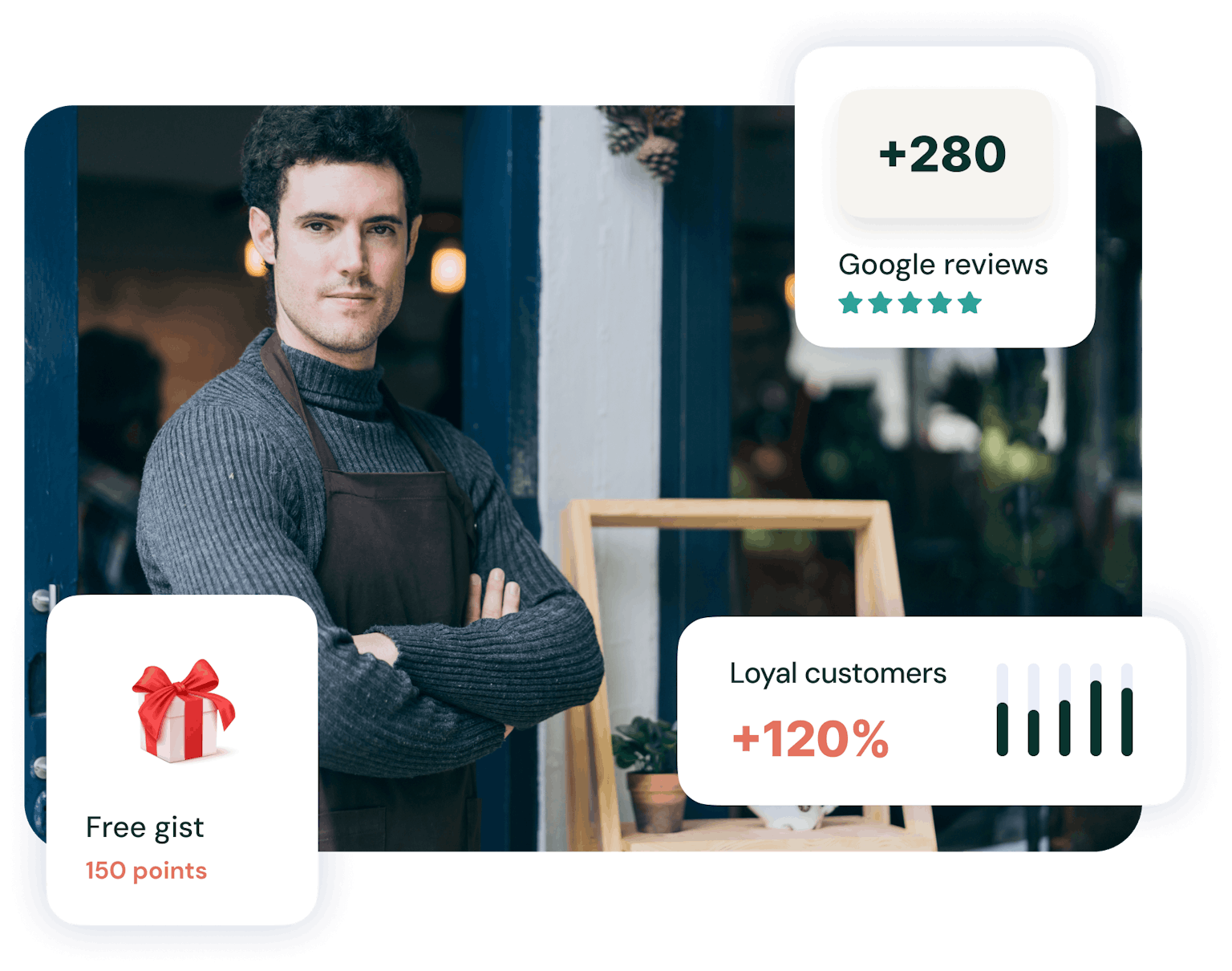 Merchant with figures on their number of reviews and loyalty customers