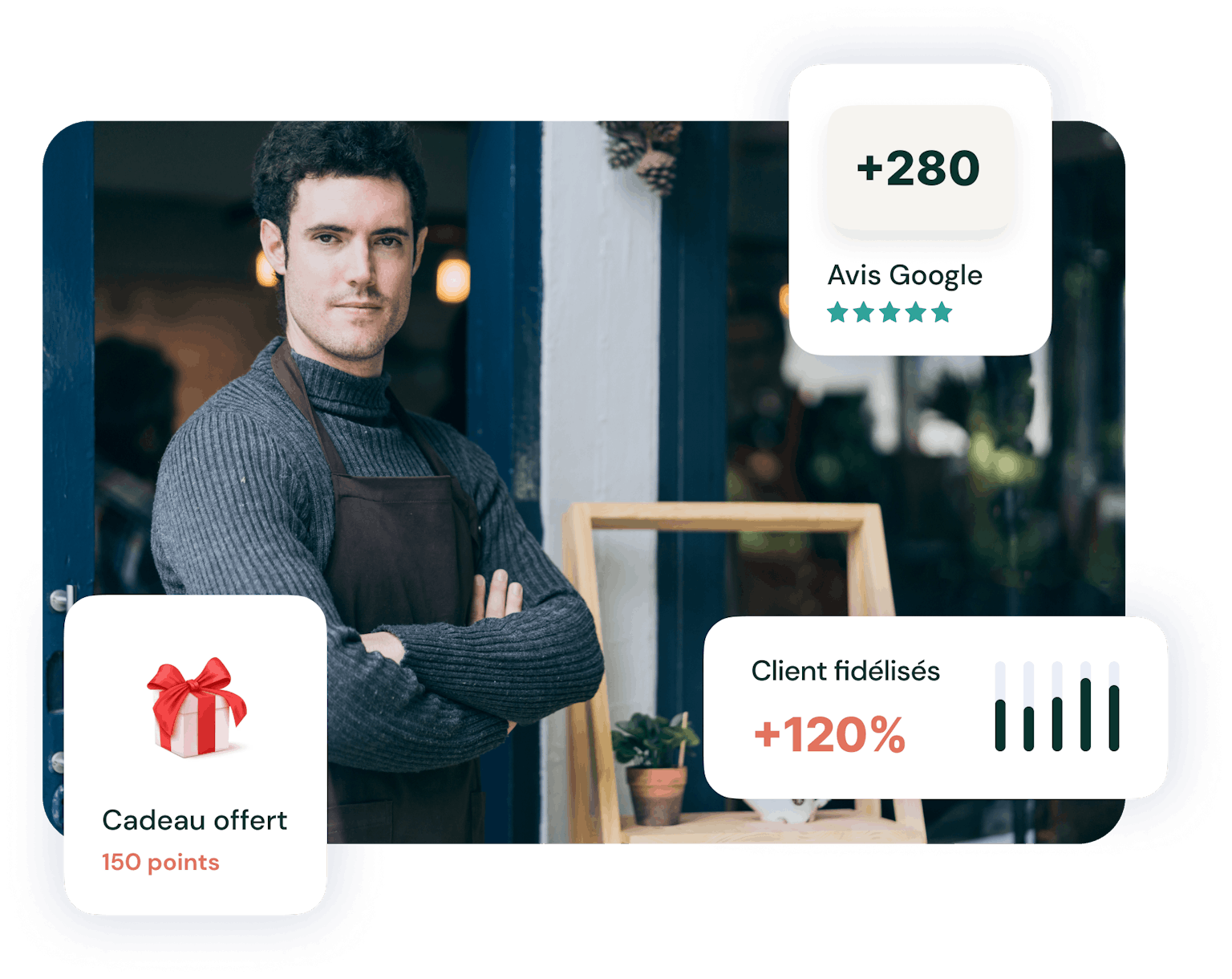 Commerçant avec des chiffres sur son nombre d'avis et de clients fidélisés