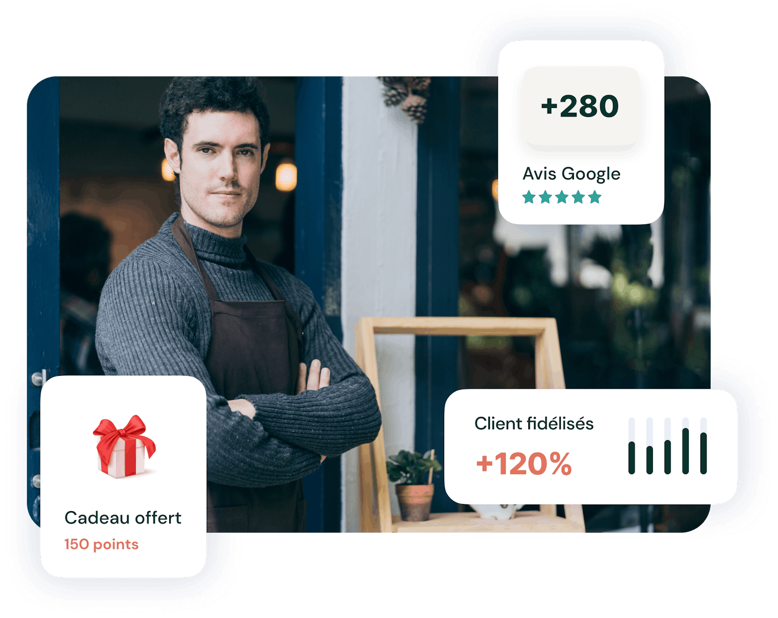 Commerçant avec des chiffres sur son nombre d'avis et de clients fidélisés 