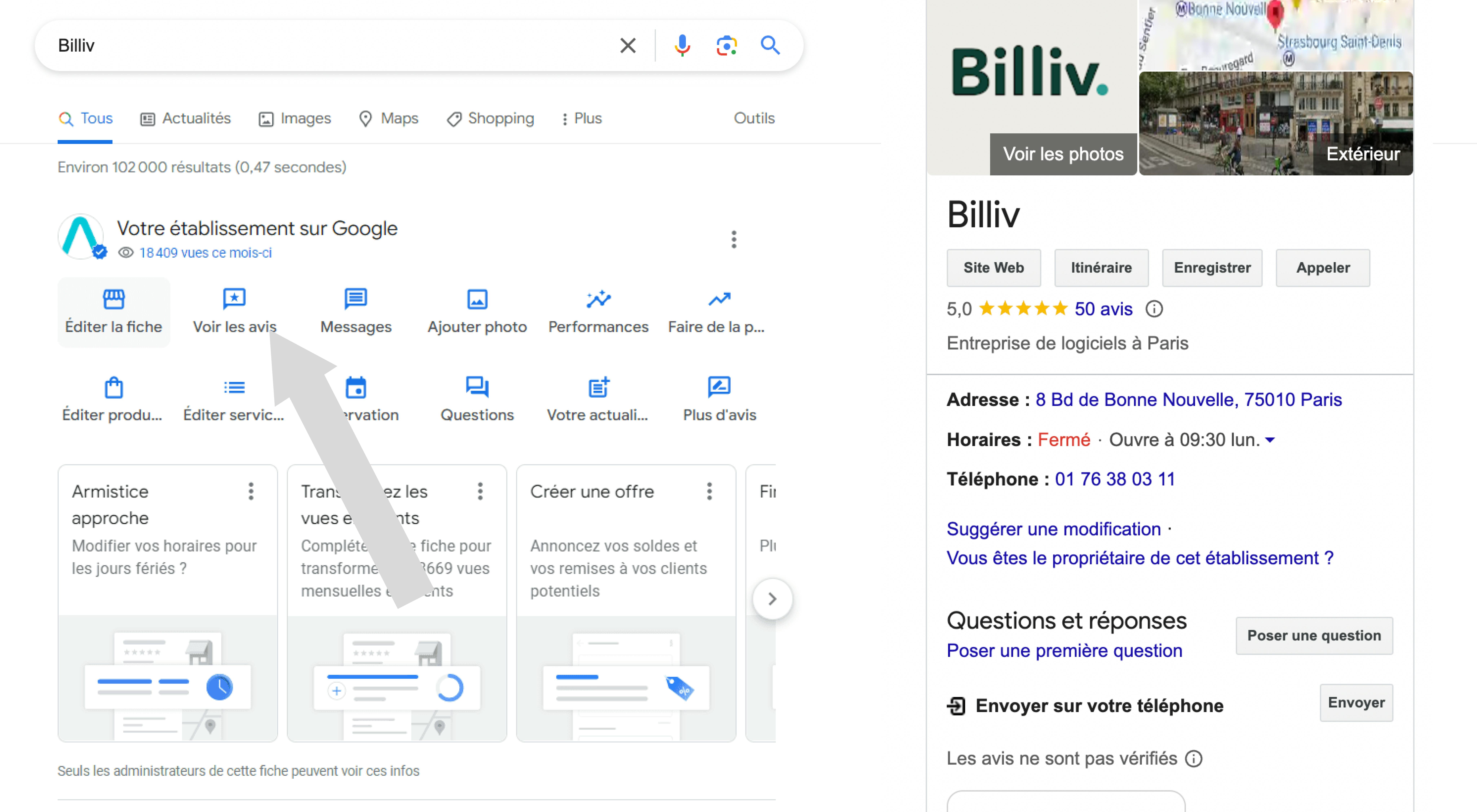 Fleche qui montre comment gérer sesa vis sur sa fiche google my business 