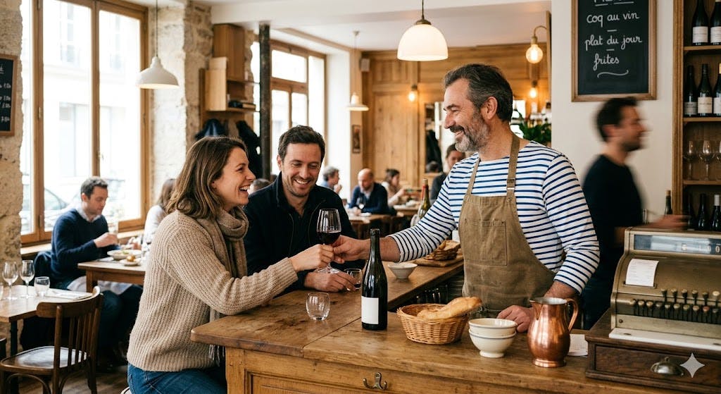 Restaurateur souriant à des clients au comptoir d'un restaurant chaleureux, illustrant la convivialité et la relation client en restauration