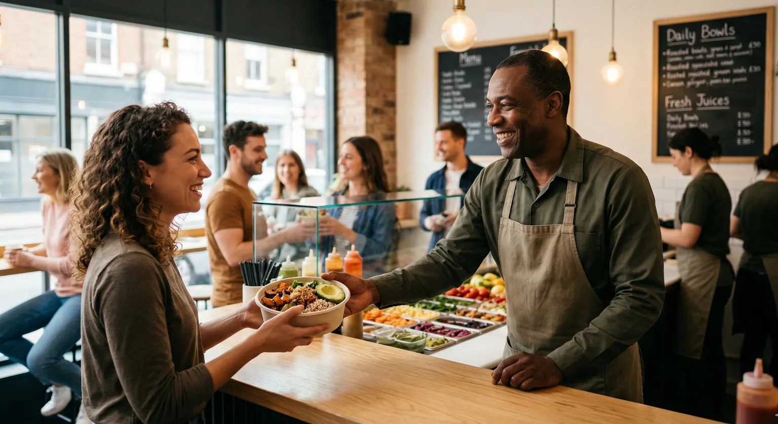 Restaurateur souriant servant un repas à une cliente au comptoir d'une restauration rapide moderne, illustrant l'expérience client et la fidélisation en restaurant."