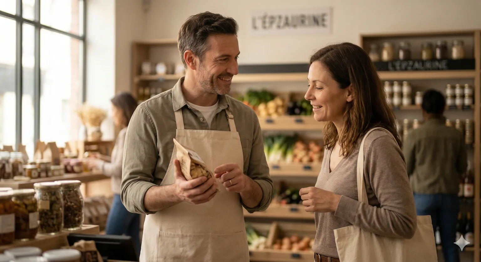 Un commerçant en tablier partage des recommandations de produits locaux avec une cliente régulière portant un sac réutilisable. Exemple d'avantages et de découverte de produits pour les membres du programme de fidélité commerçant.