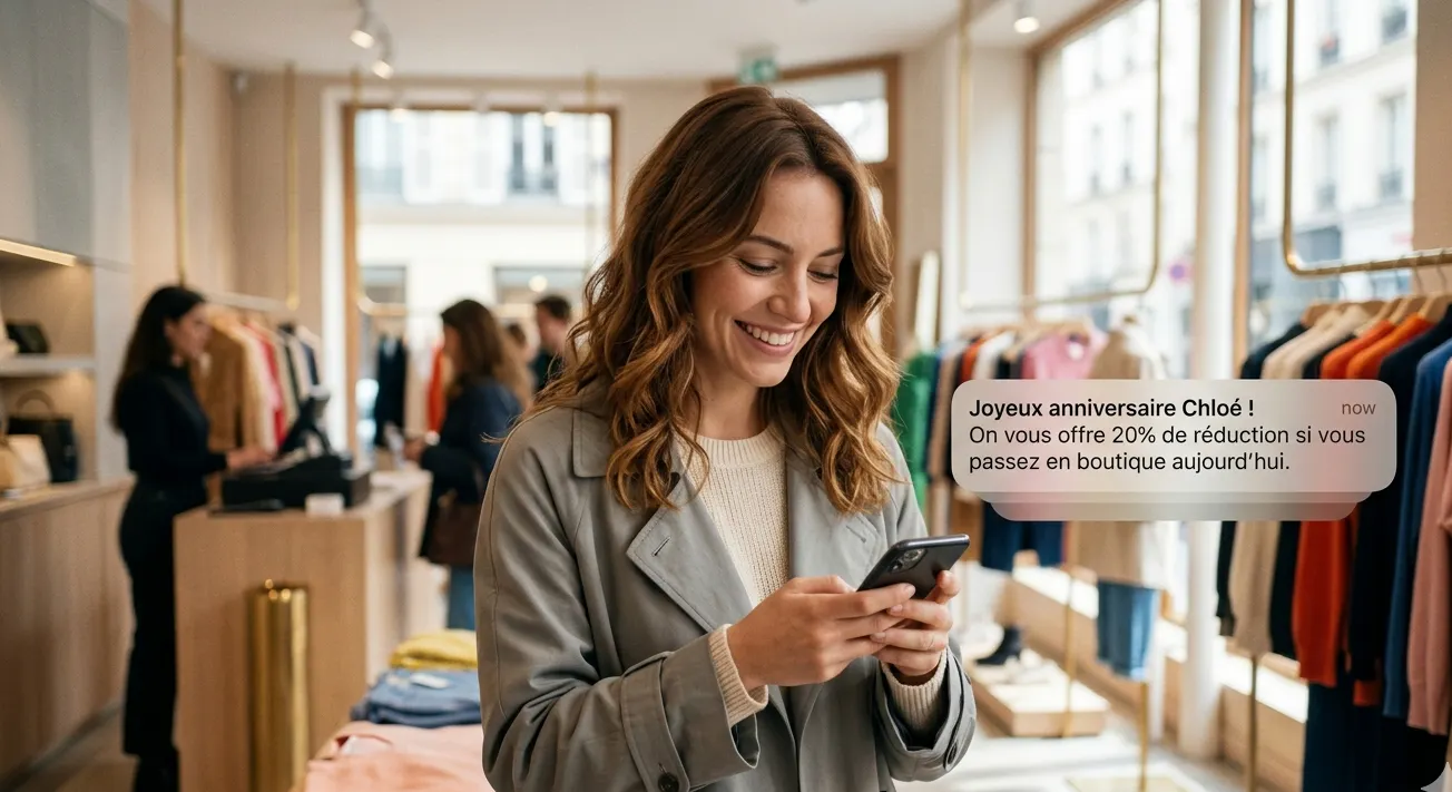 Une cliente souriante dans une boutique recevant un SMS promotionnel d'anniversaire avec une réduction de 20% sur son smartphone.