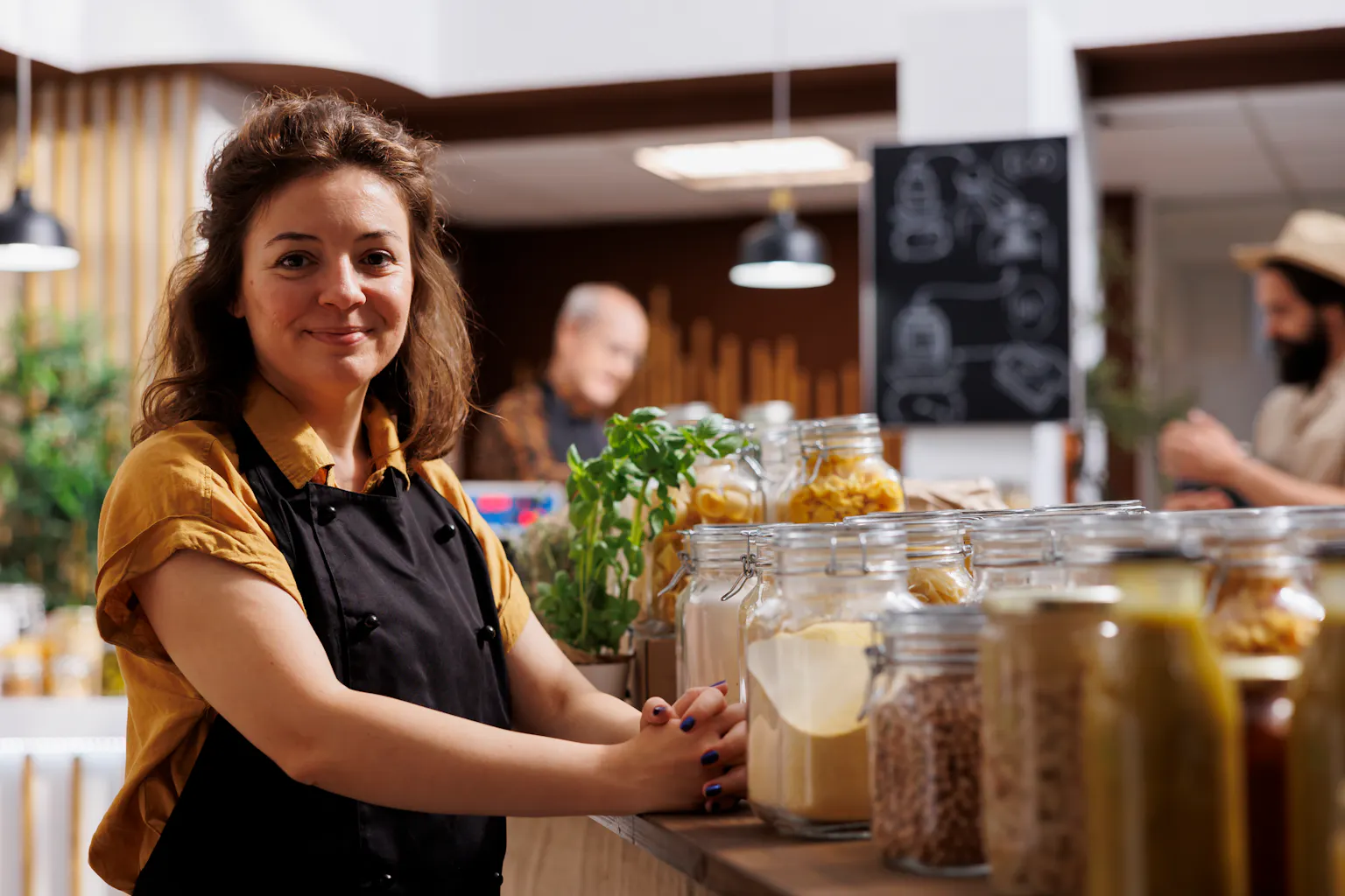 Commerçante souriante derrière le comptoir d'une épicerie fine
