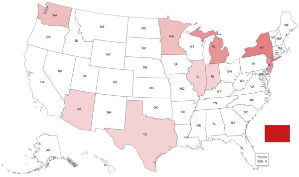 The distribution of AI election related legislation around the US