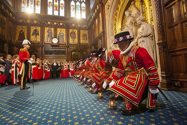 The Yeomen of the Guard pick up their lamps in preparation for checking the cellars of the Palace of Westminster, a tradition carried out before every State Opening of Parliament since the failed 1605 Gunpowder Plot.