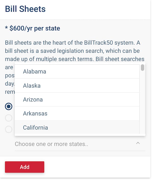 Screenshot of selecting a state under the Bill Sheets subscription option