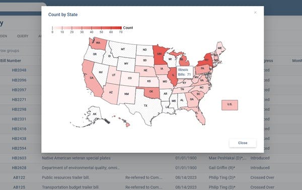 A map of the US showing bill distribution