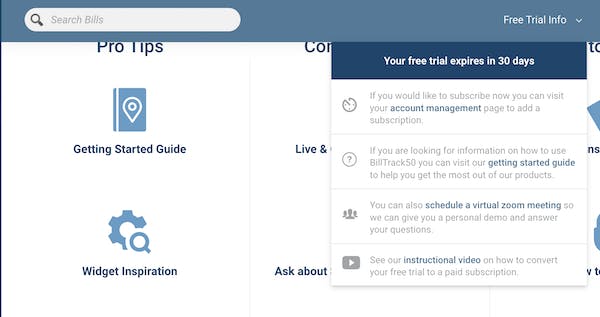 Free Trial Infor dropdown showing time left on subscription along with several helpful links