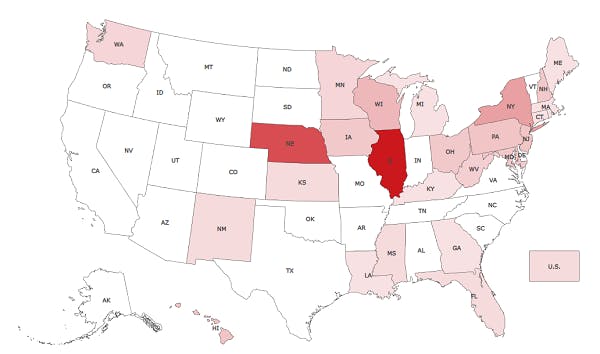 US Map showing most bills introduced in IL and NE