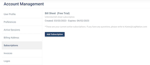 Subscriptions Tab under Account Management