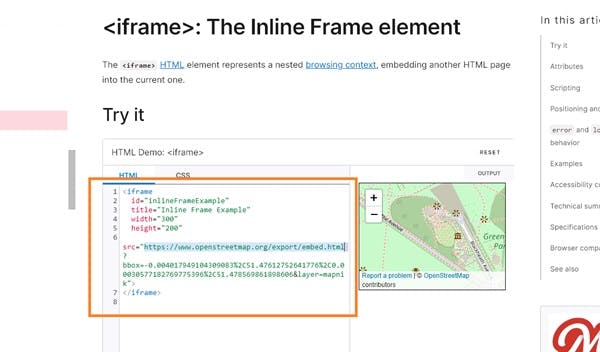 The developer page with iframe documentation