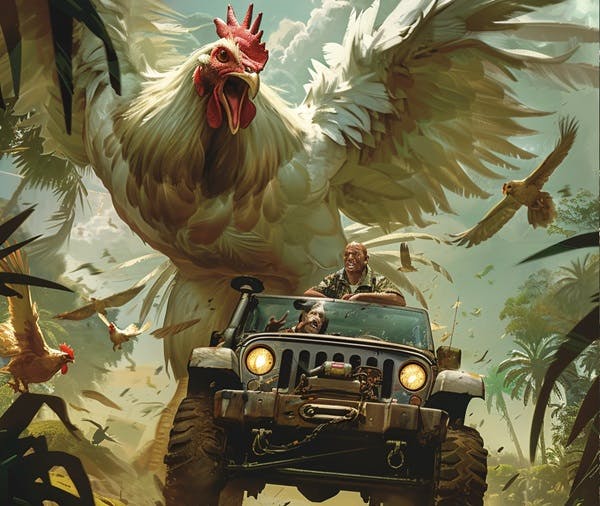 A feral chicken attacking a jeep