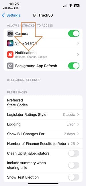 Mobile settings page (for iPhone)