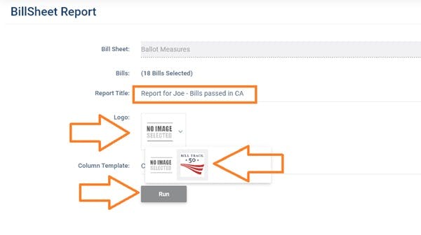 Report manage screen where you can add a title and logo