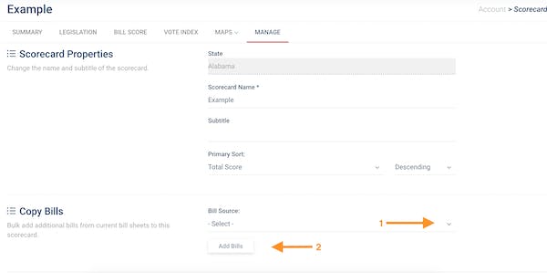 Copy Bills section of the Scorecard Manage Tab