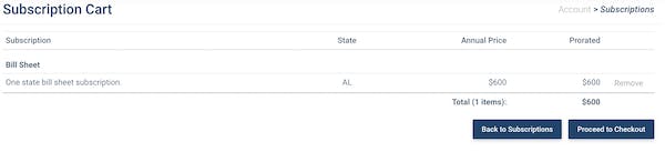 Screenshot of a subscription cart with a single state subscription for AL selected.