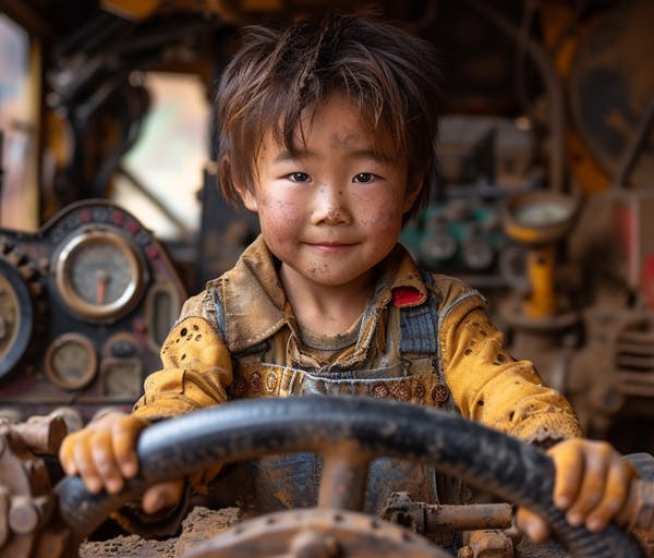 A child driving a steampunk truck