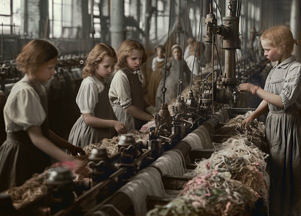 Children working a production line