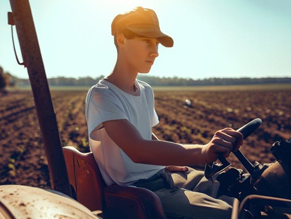 A teenager driving a tractor