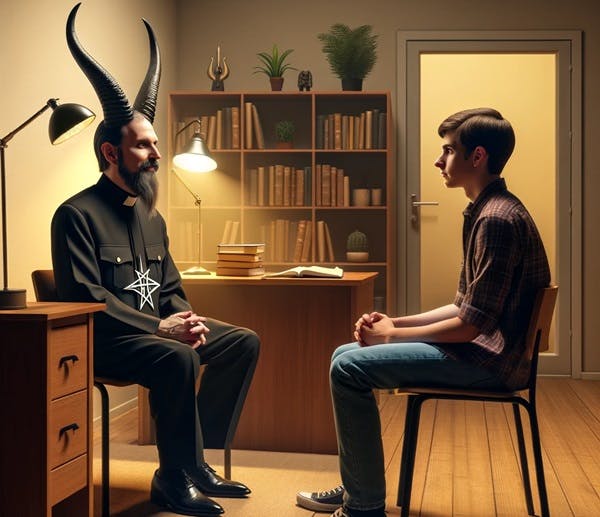 A satanic temple chaplain in a school - AI generated