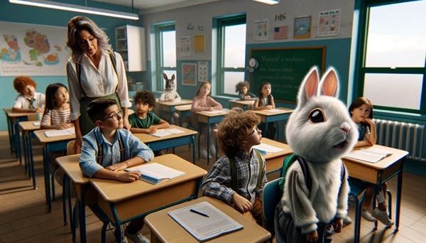 A furry child in a classroom