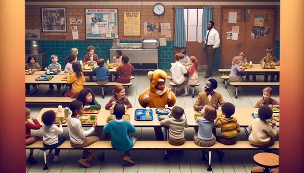 A furry child in a cafeteria