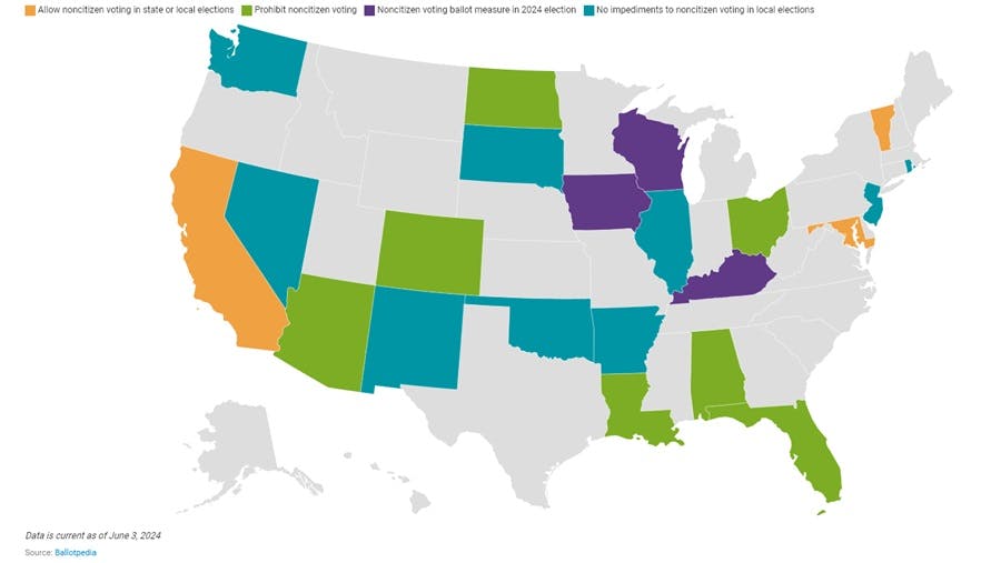 A Ballotpedia map showing noncitizen voting rights