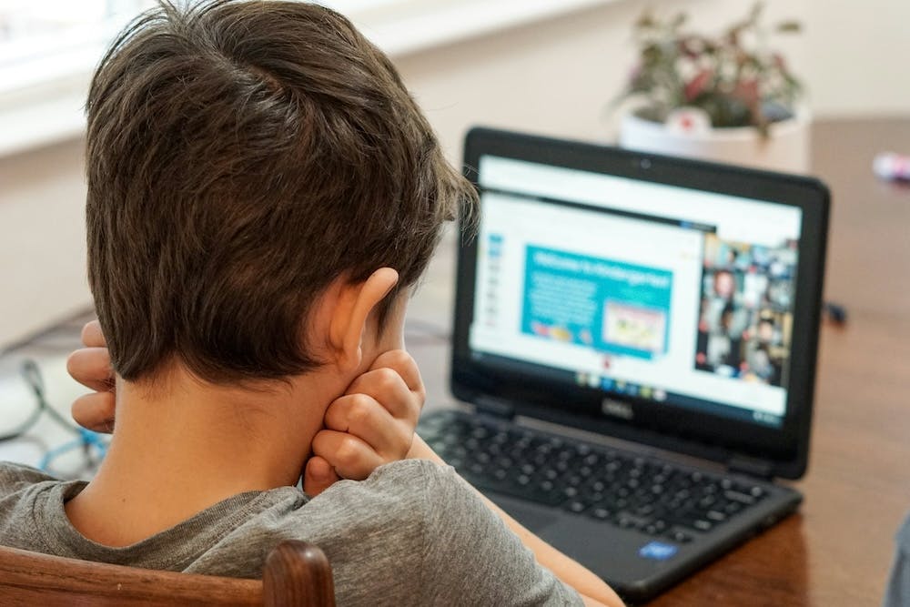 view of a child from behind where they are looking at a computer screen 