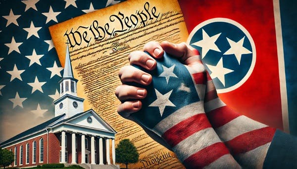 Hands clasped in prayer and the U.S. constitution